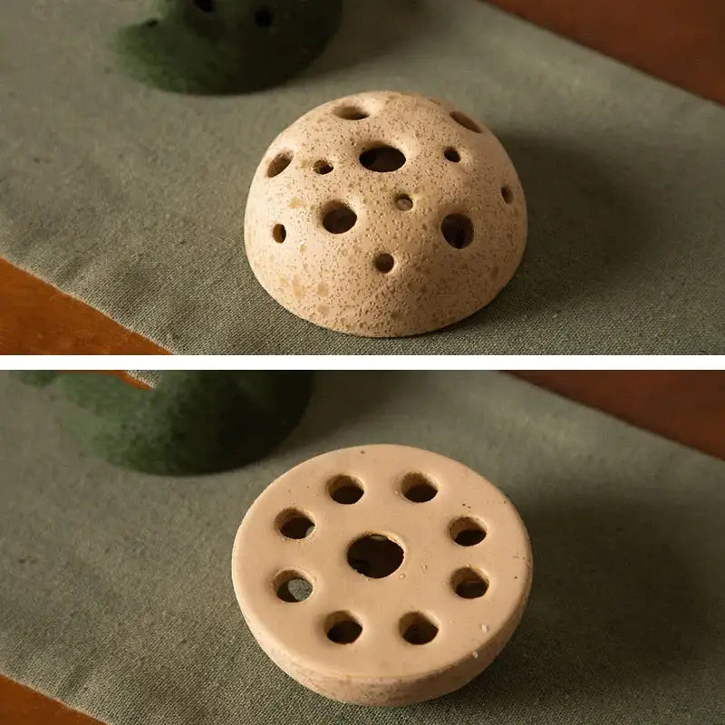 Beige stone sand ceramic vase with textured porous surface and lotus seedpod pattern from DecorBites™ set