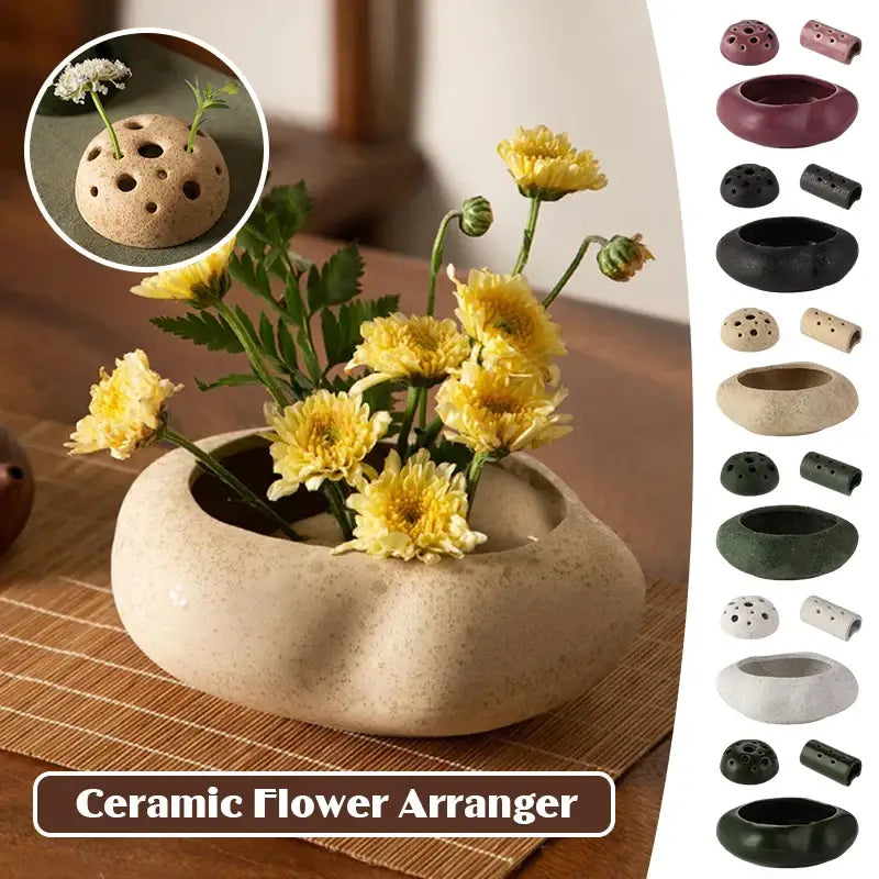 Beige ceramic vase with smooth lotus seedpod design and multiple small holes for flower arranging by decorbites stone sand