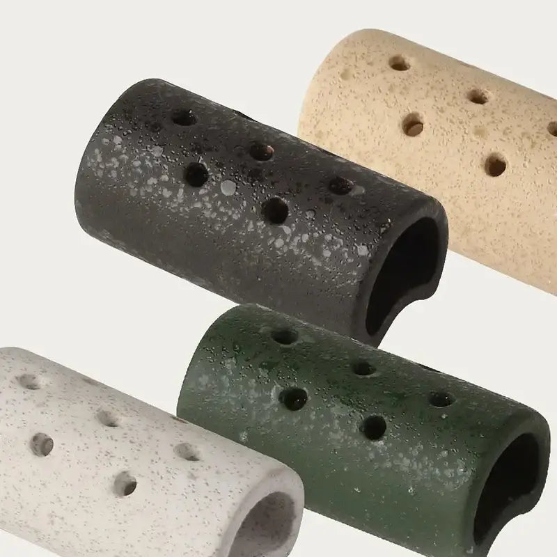 Decorbites™ lotus seedpod ceramic vase set with cylindrical stone sand terrarium hideout featuring circular holes and speckled texture