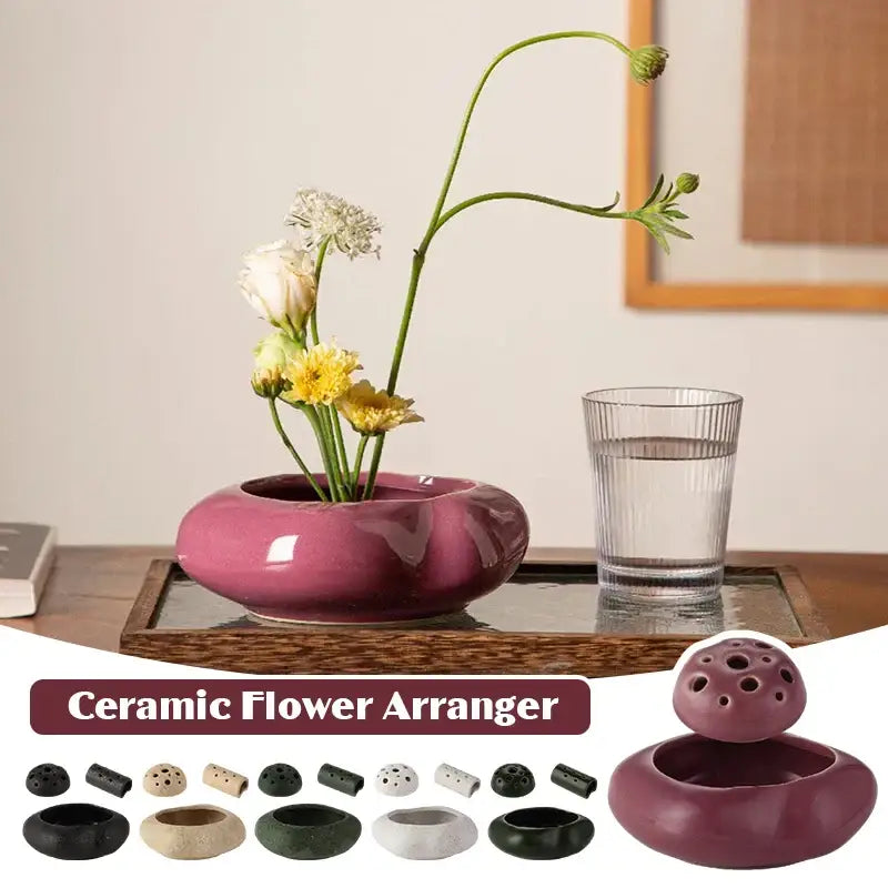 DecorBites™ lotus seedpod ceramic vase set features a glossy magenta stone sand flower arranger with perforated lid