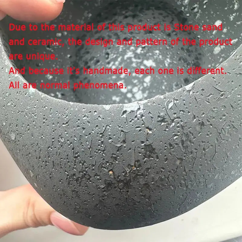 Handcrafted dark gray stone and ceramic mortar with textured crackled surface from DecorBites™ lotus seedpod ceramic vase set