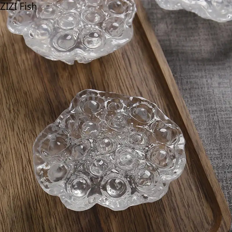Clear glass decorbites lotus seedpod resin sculpture with textured bubble surface and scalloped edges for modern desk decor