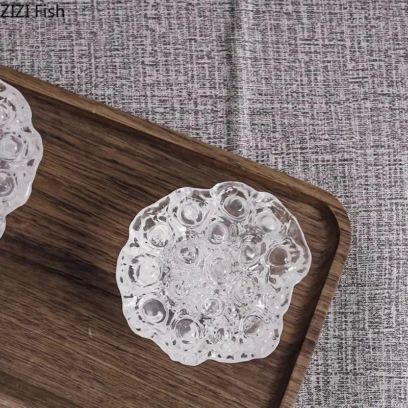 Clear glass decorbites lotus seedpod resin sculpture with textured bubble surface and scalloped edges for modern decor