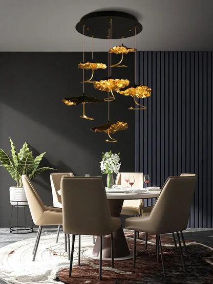 Golden lotus-shaped LED chandelier with copper black gold base for elegant decorbites lotus staircase lighting
