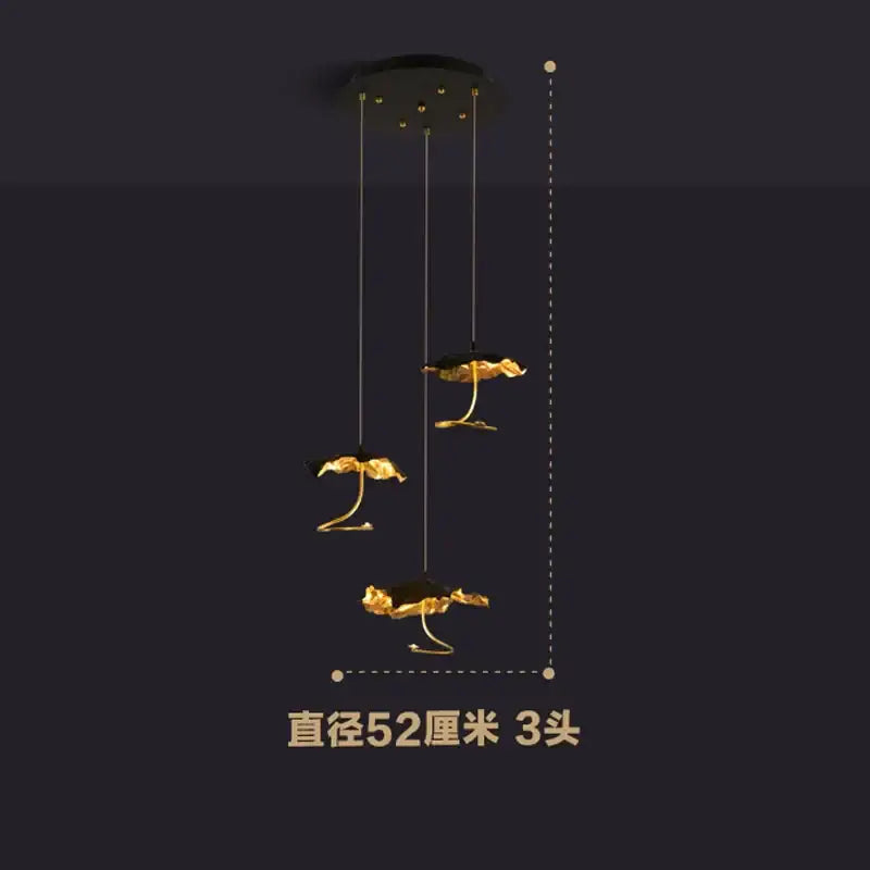 Gold leaf-shaped pendant chandelier with three hanging lights in copper black gold by decorbites lotus staircase