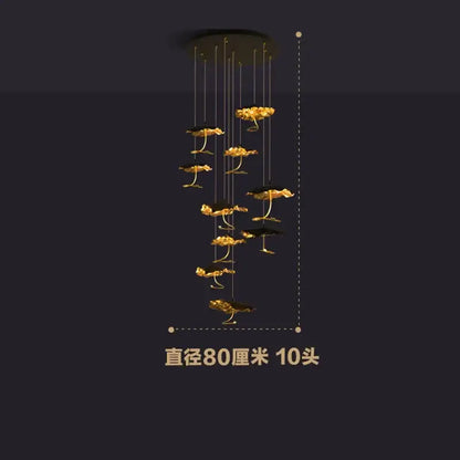Golden lotus-shaped decorbites lotus staircase chandelier with ten illuminated heads in copper black gold finish hanging lamp