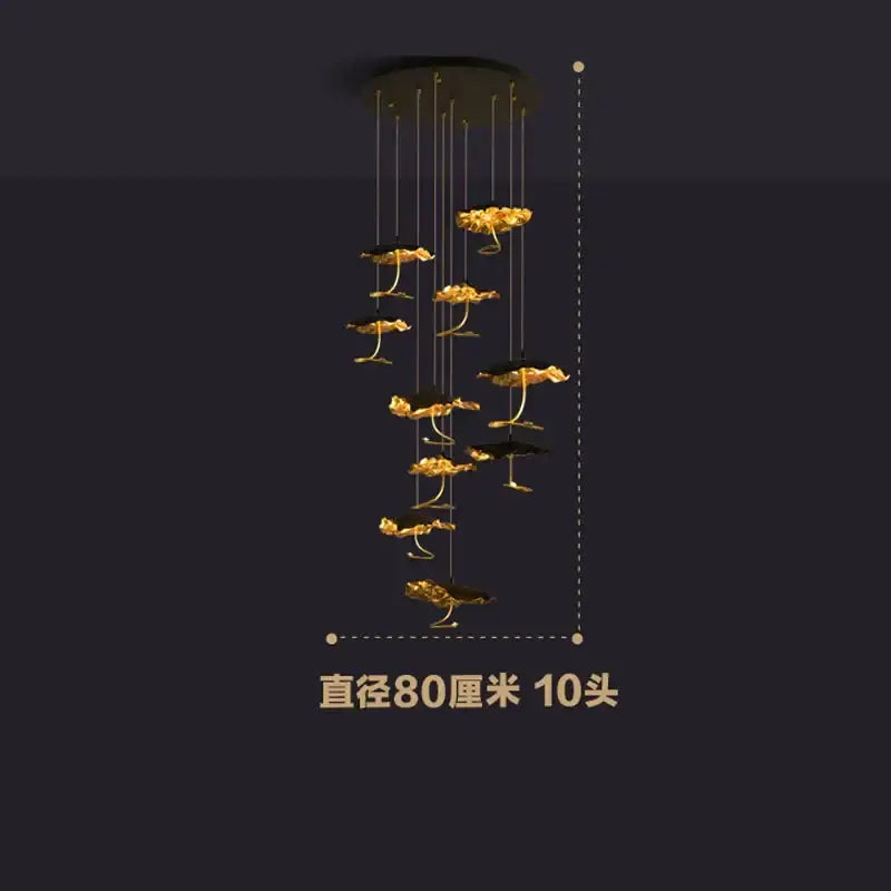 Golden lotus-shaped decorbites lotus staircase chandelier with ten illuminated heads in copper black gold finish hanging lamp