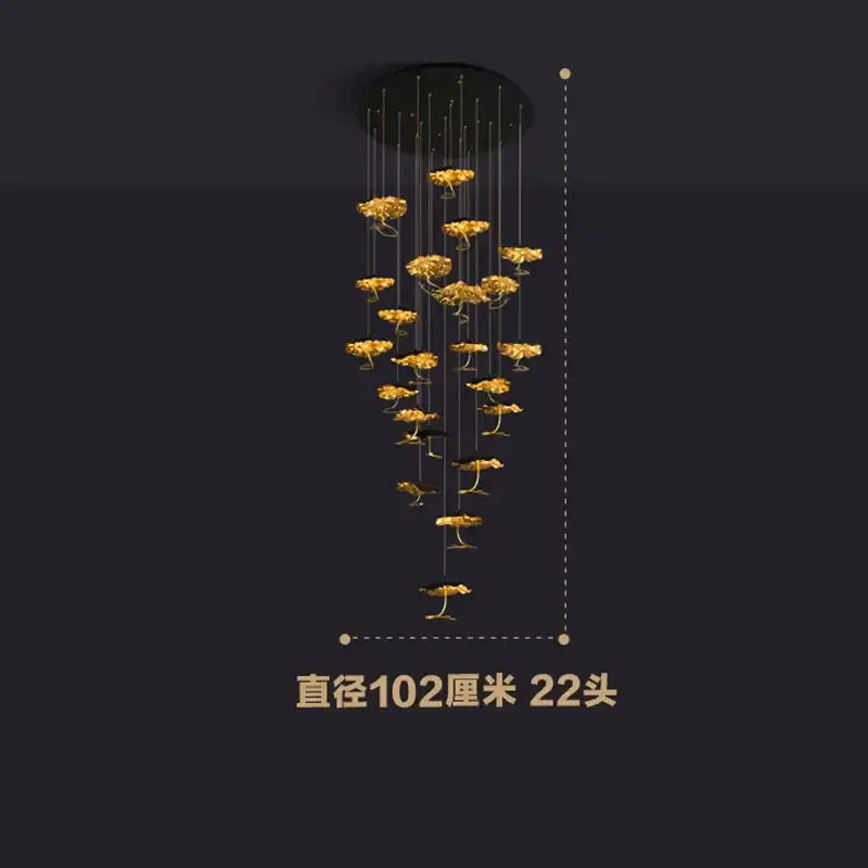 Golden decorbites lotus staircase led chandelier with 22 flower-shaped lights hanging from black circular mount