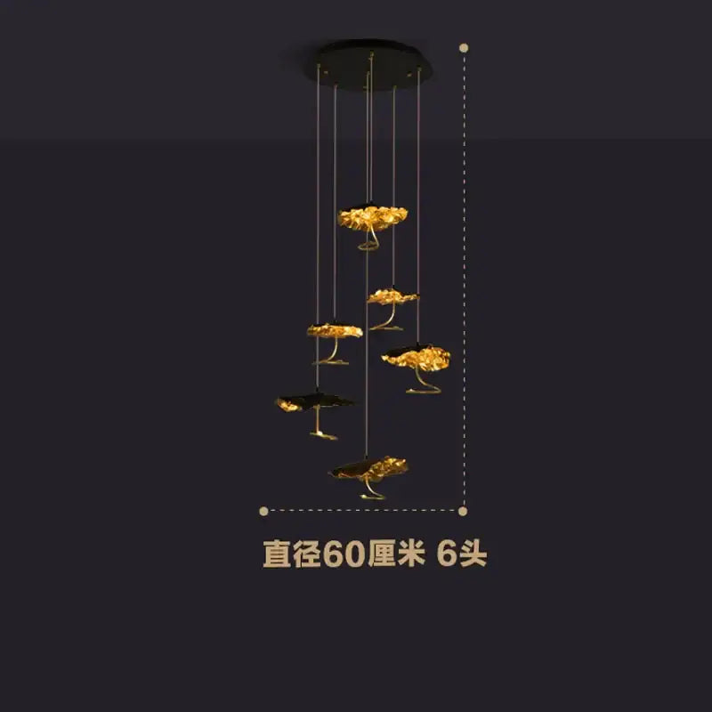 Gold-colored six-head decorbites lotus staircase LED chandelier with lotus flower design and black circular ceiling mount