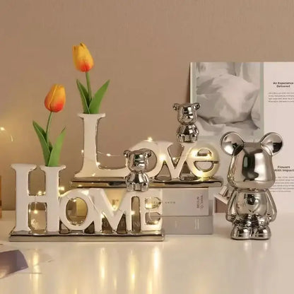 Shiny silver metallic love bear 3d ceramic figurine with rounded ears and glossy finish by DecorBites love bear