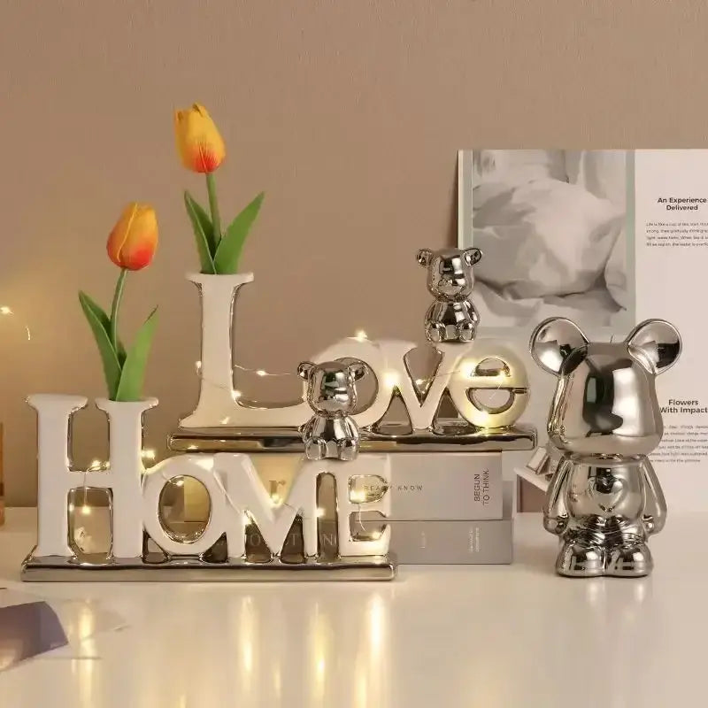 Shiny silver metallic love bear 3d ceramic figurine with rounded ears and glossy finish by DecorBites love bear