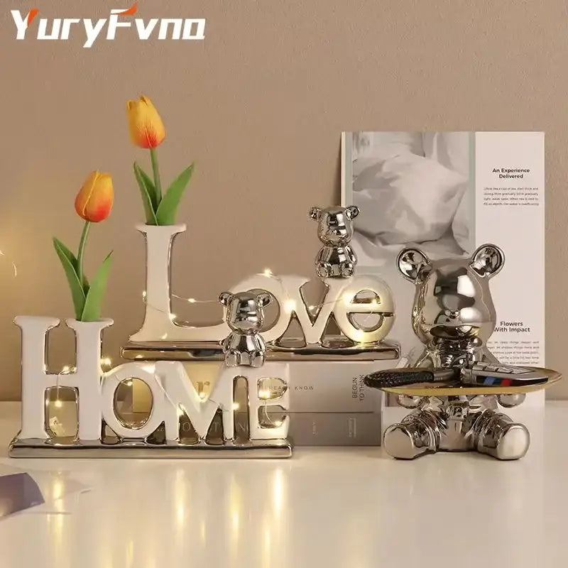 Shiny silver decorbites love bear 3d ceramic figurine seated holding a tray festive christmas decoration ornament