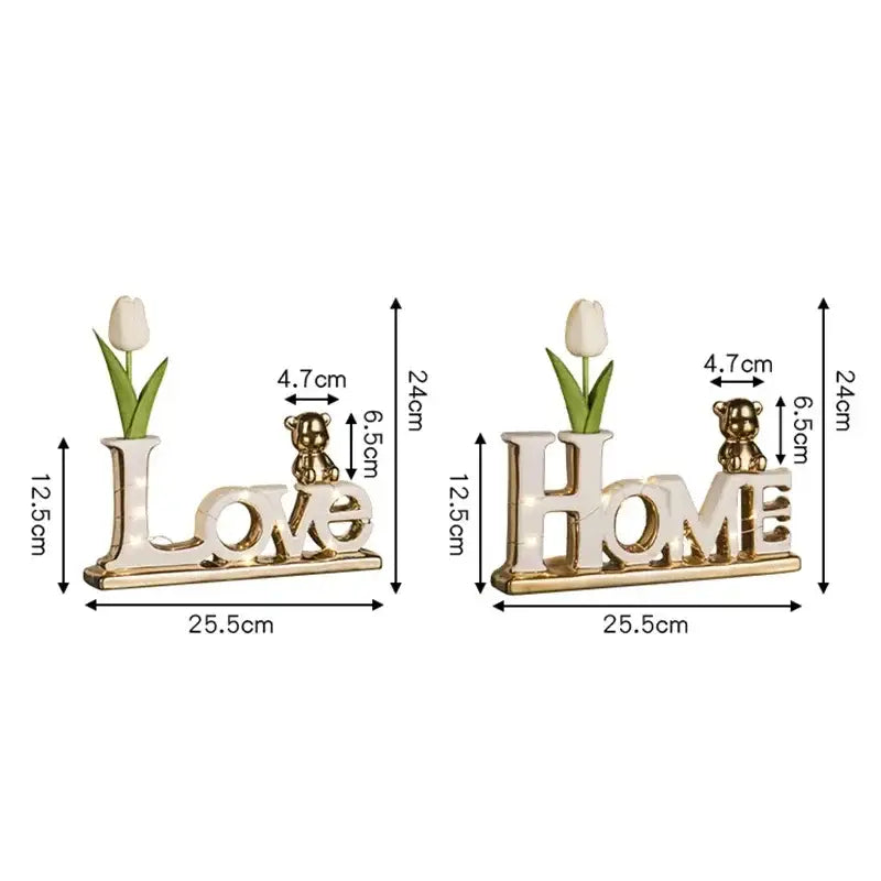 Gold-toned decorbites love bear 3d ceramic signs shaped like love and home with teddy bears and white tulips for christmas decor