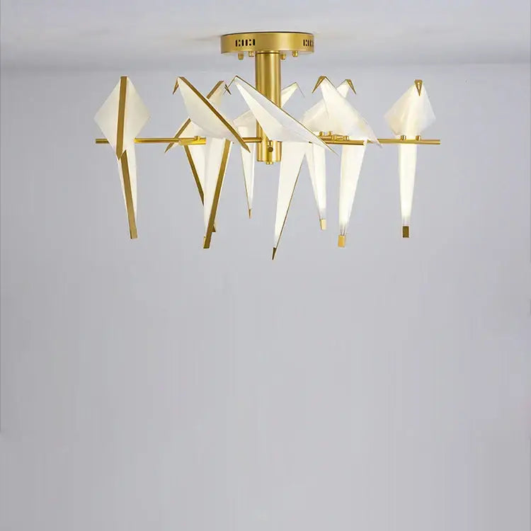 Gold-toned decorbites love bird chandelier with origami white paper wings and gold metal frame for dining room lighting