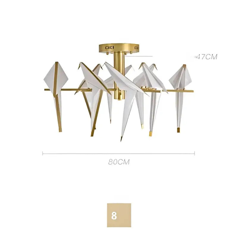 Gold-toned decorbites love bird chandelier with eight white origami crane wings for dining room lighting