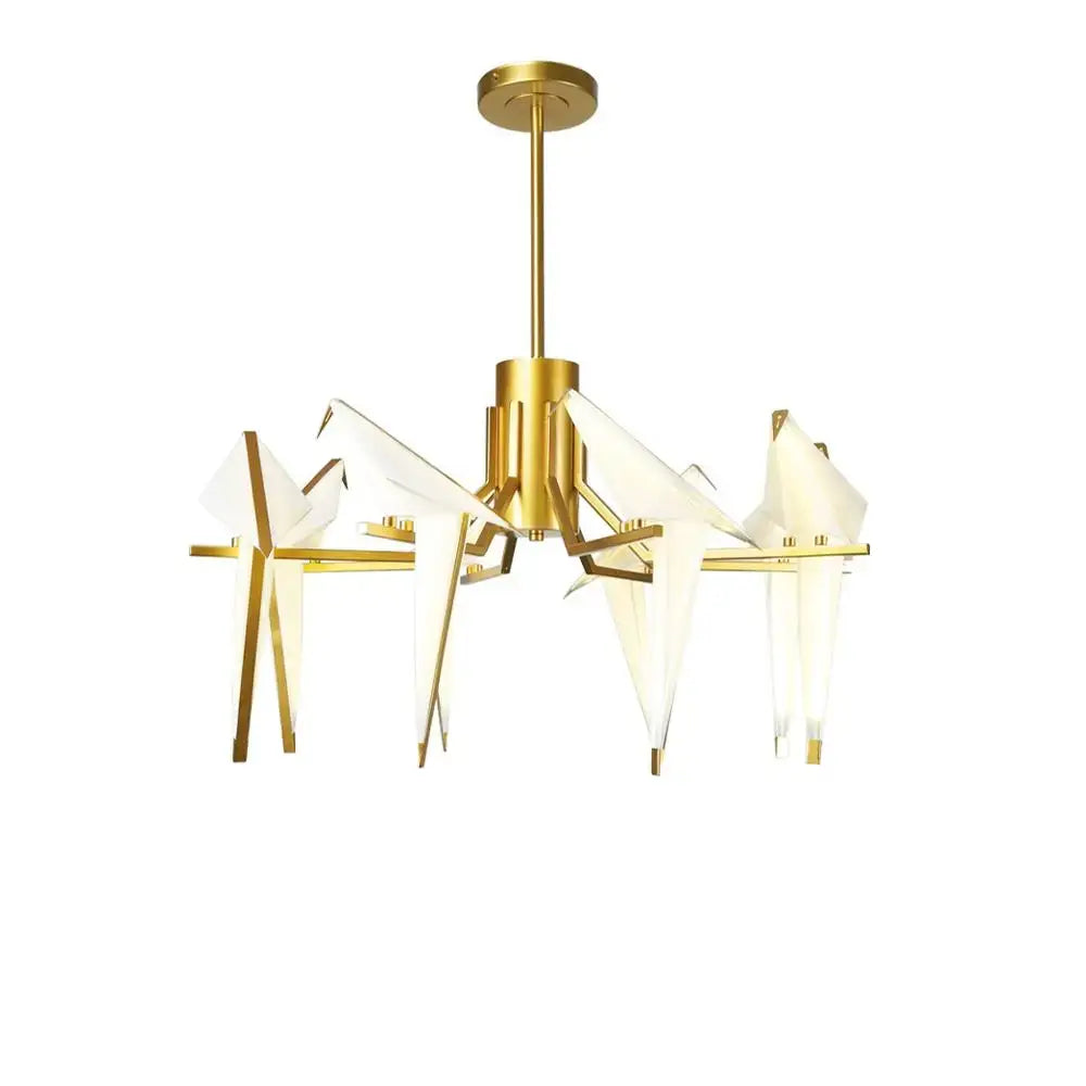 Gold-toned DecorBites Love Bird chandelier with white origami paper birds and brass fixture for dining room lighting