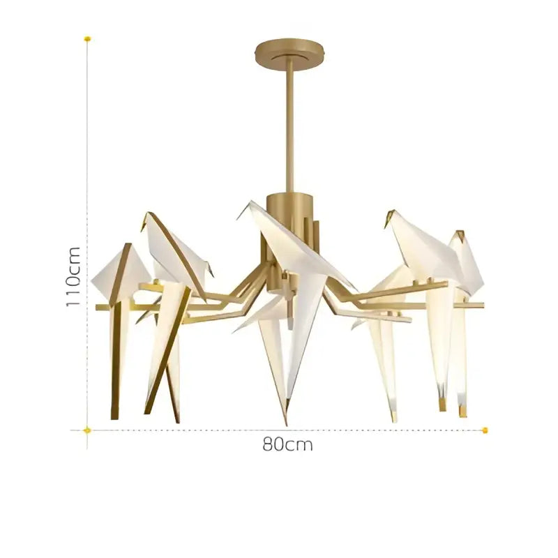 Gold-toned decorbites love bird chandelier featuring white paper birds and illuminated glass panels for dining room lighting