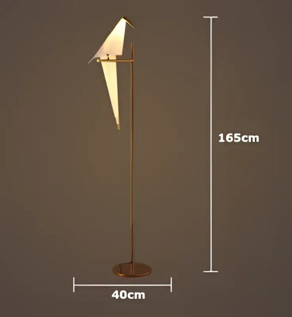 A sleek 165cm decorbites love bird chandelier floor lamp with minimalist brass stand and white translucent origami bird head