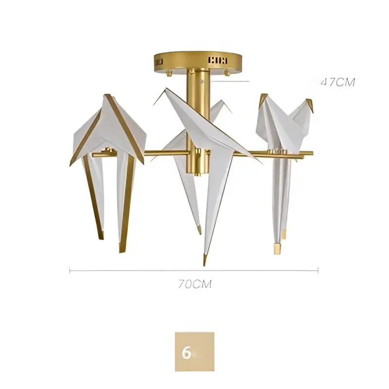 Gold-toned decorbites love bird chandelier lighting with three white paper origami cranes and gold accents for dining room