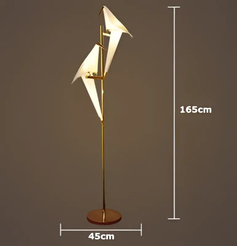 Gold-finished led wall sconce with two white origami paper wings on slender iron acryl pole for bedroom corridor