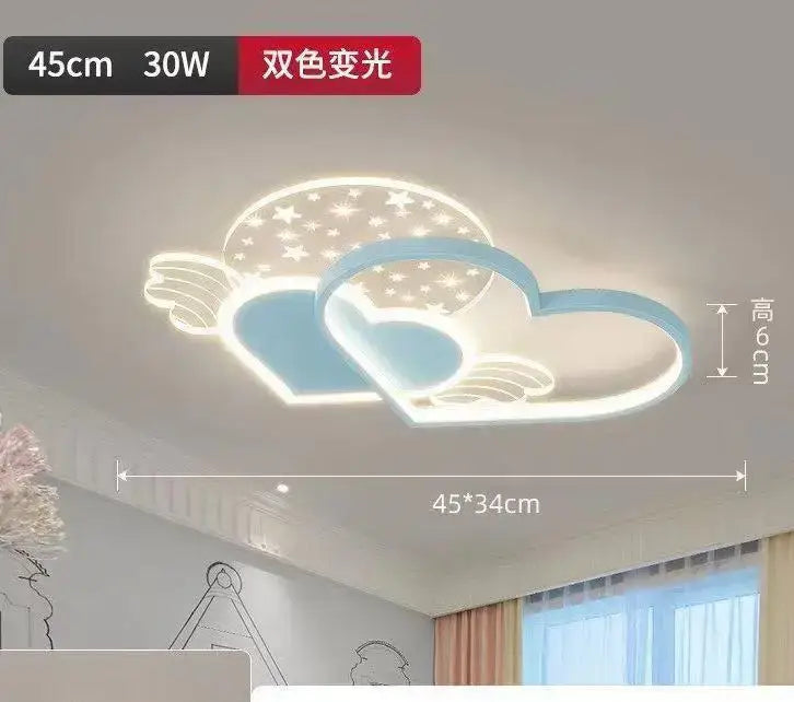 A modern dual-color led decorbites love ceiling lamp with intertwined hearts and wings in soft blue and white light