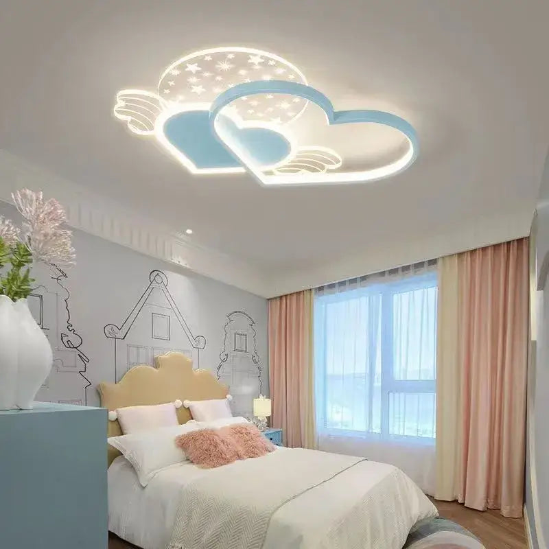 Decorbites love ceiling lamp with intertwined blue cloud shapes, glowing white wings, and starry accents for kids room