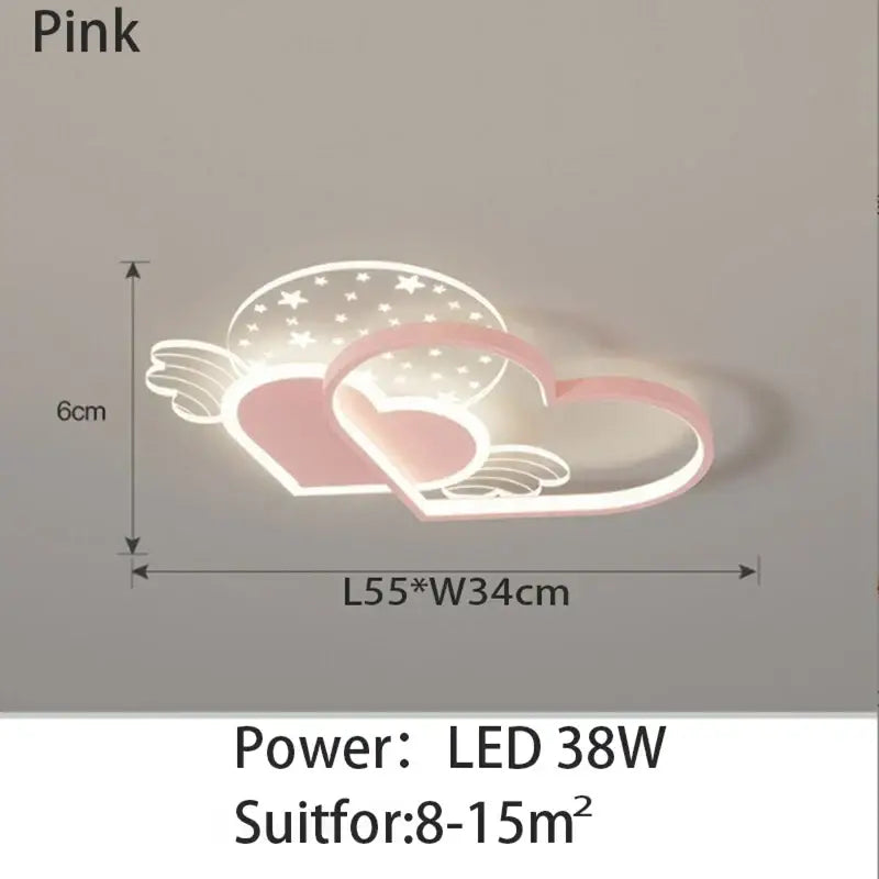 Pink led decorbites love ceiling lamp with heart and wing design featuring star patterns in cloud cutout for kids room