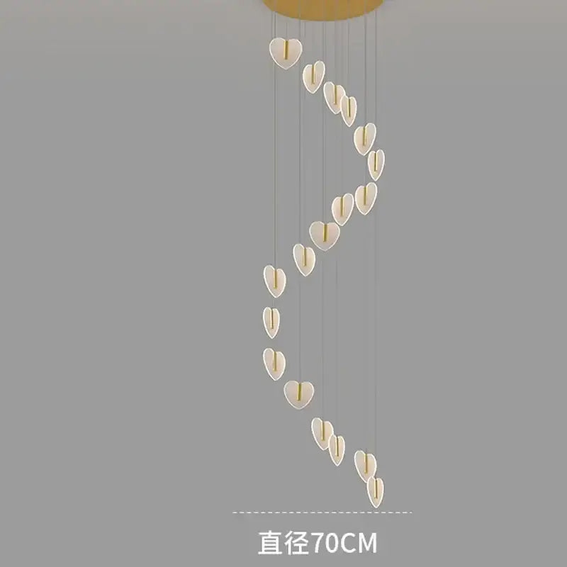 A modern DecorBites love chandelier with white heart-shaped lights and gold crystal ceiling mount for staircase and living room