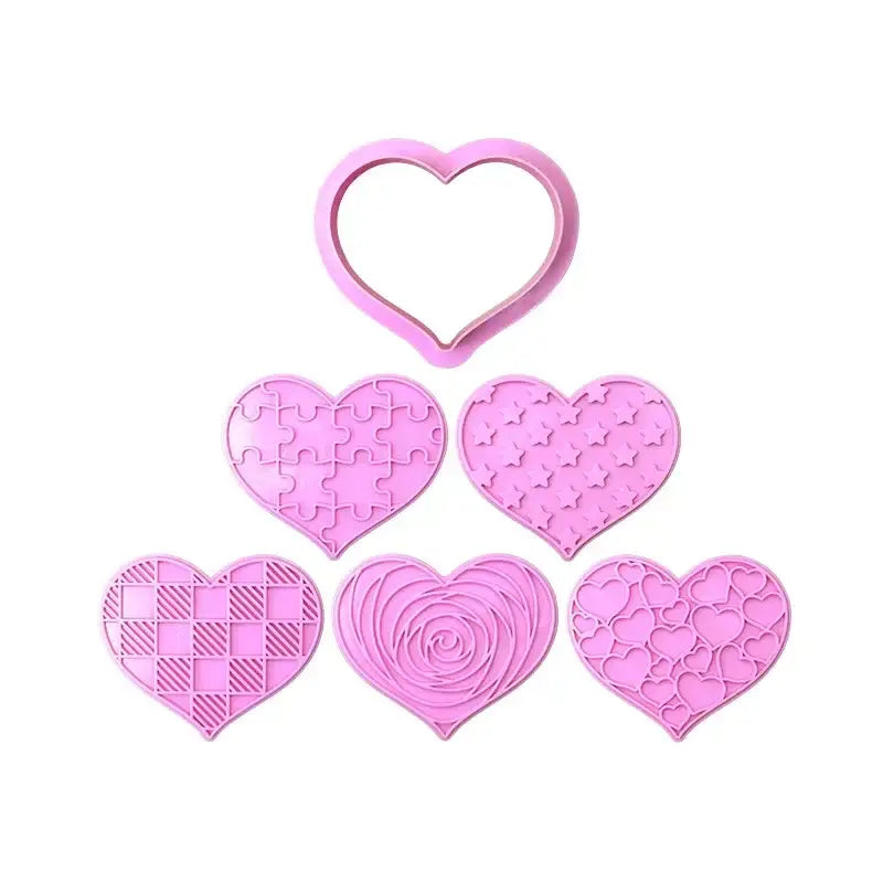 Set of six pink silicone decorbites love heart biscuit cutters with intricate designs for valentine’s day cake decorating tools