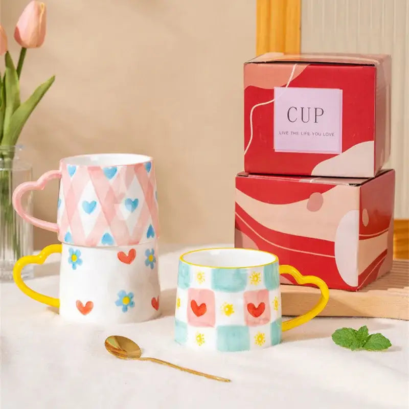 Pastel-colored decorbites love heart ceramic mug with hand-painted floral patterns and yellow handle accents for valentine gift