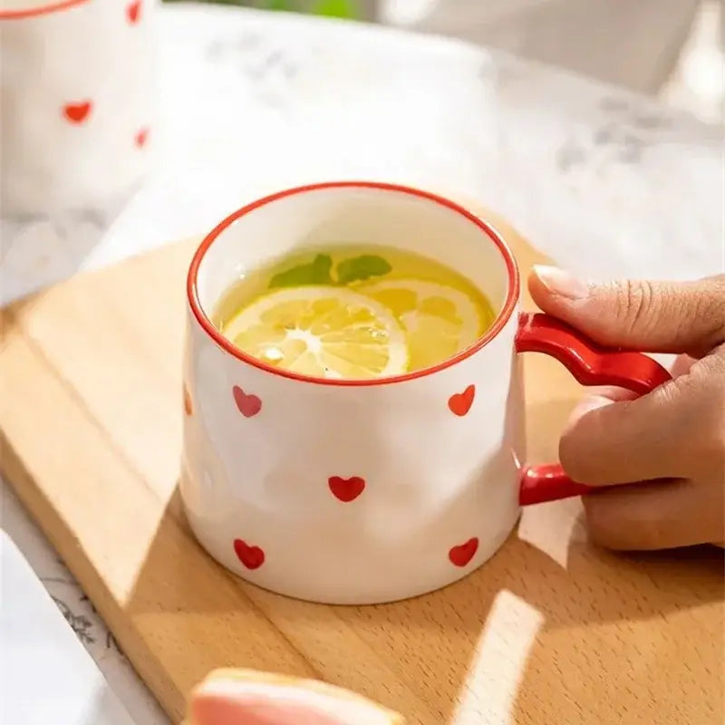 Decorbites love heart ceramic mug with white base red heart patterns and two red handles for valentine’s day gift