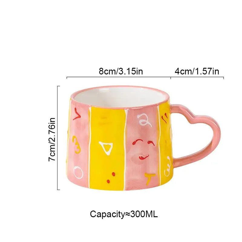 Decorbites love heart ceramic mug with heart-shaped handle and pink yellow stripes for valentine’s day gift