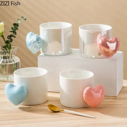 Decorbites™ love heart ceramic mugs 330ml with glossy pastel blue and pink heart-shaped handles for coffee tea juice