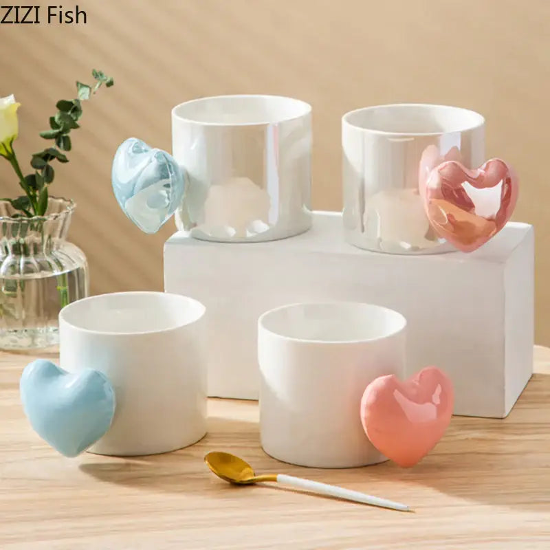 Decorbites™ love heart ceramic mugs 330ml with glossy pastel blue and pink heart-shaped handles for coffee tea juice