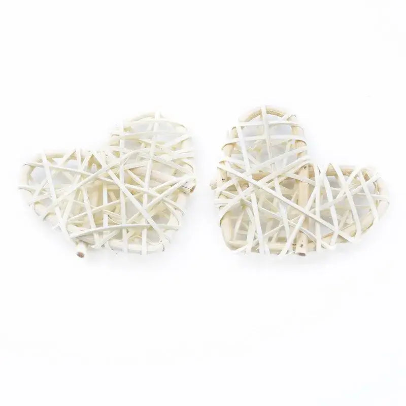 Two off-white woven wicker heart-shaped love heart decorations by DecorBites for wedding and Valentines decor