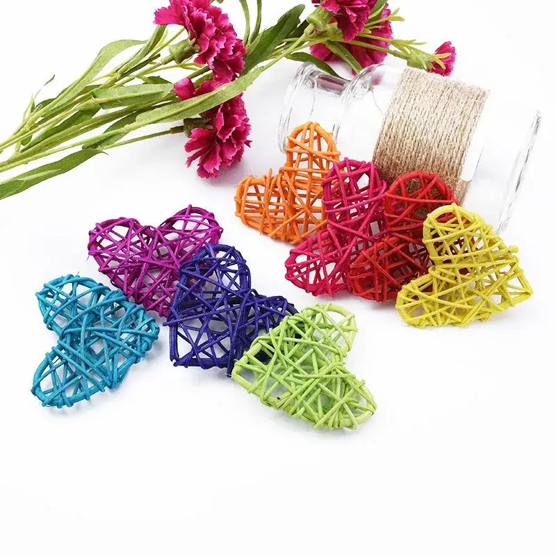 Colorful woven heart-shaped love heart decorations made from natural twine by decorbites love for wedding and valentines