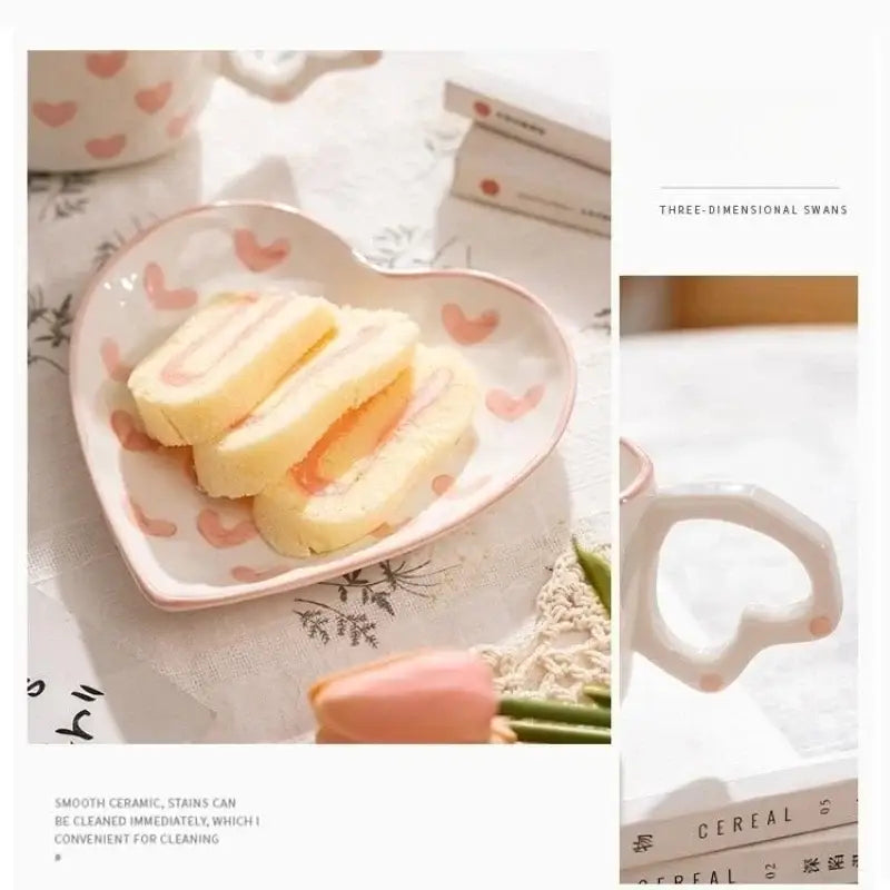 Heart-shaped ceramic plate with white base and pink love heart hand painted pattern by DecorBites love heart