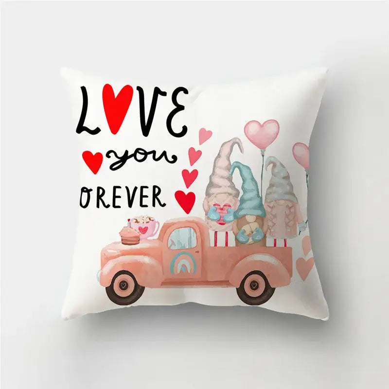 White throw pillow cover with pink vintage truck and gnomes featuring a love heart print pillow for home decor