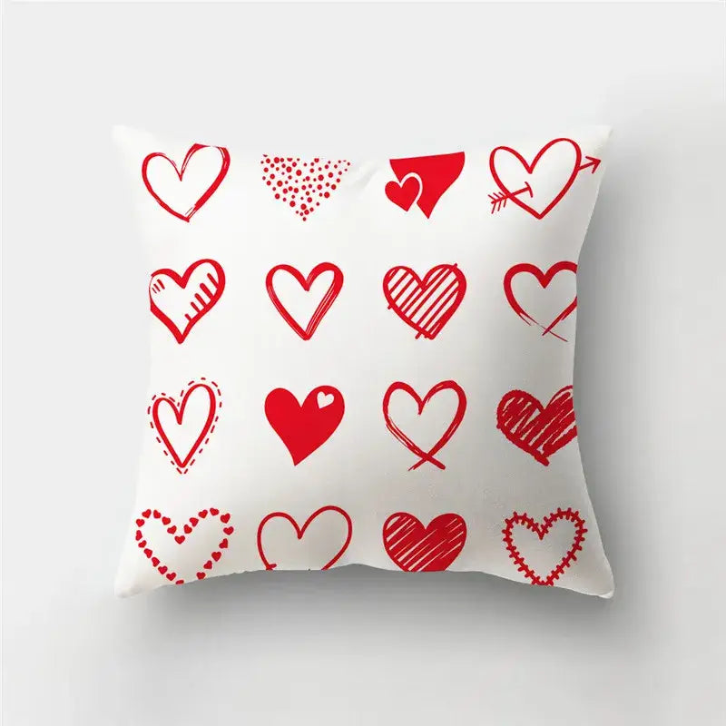 White throw pillow cover with playful red sketch-style love heart print for home decor and sofa cushions