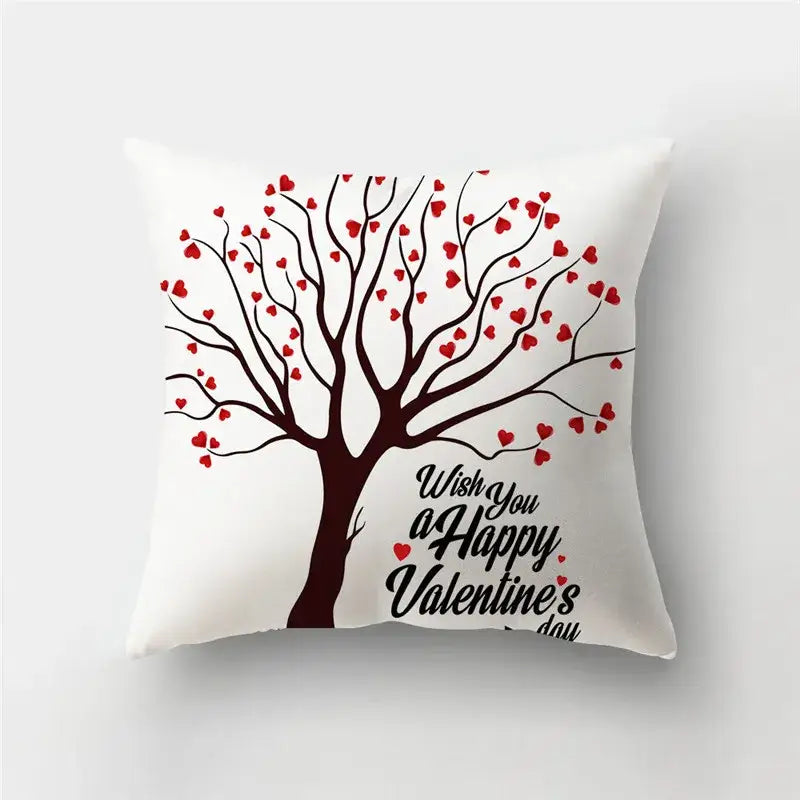 White decorbites pillow cover with black tree love heart print and valentine’s day message for sofa decor