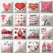 A collection of white love heart print pillow covers with red pink and black designs for home decor sofa cushions