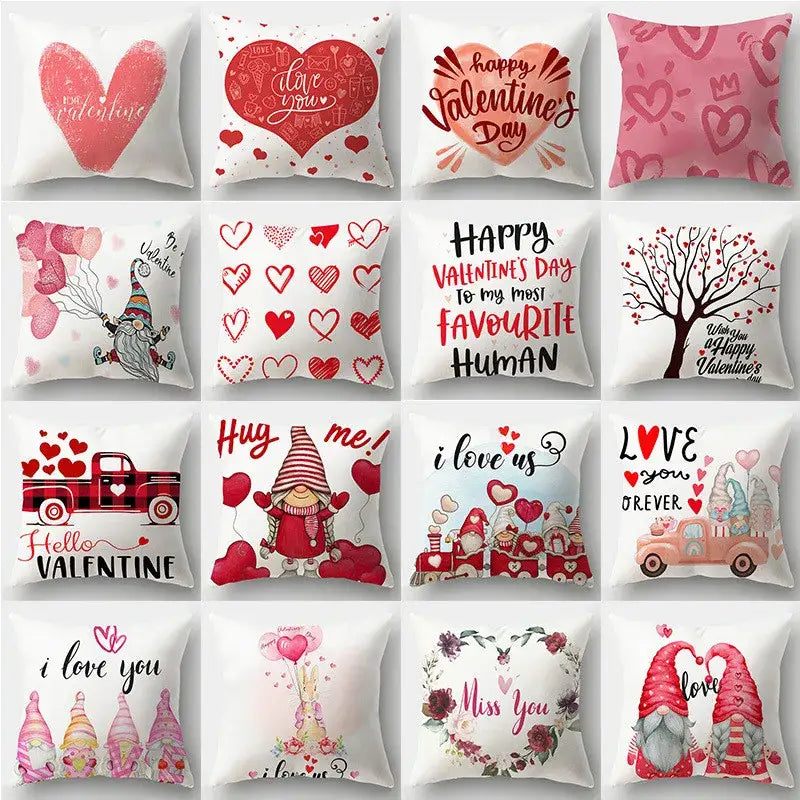 A collection of white love heart print pillow covers with red pink and black designs for home decor sofa cushions