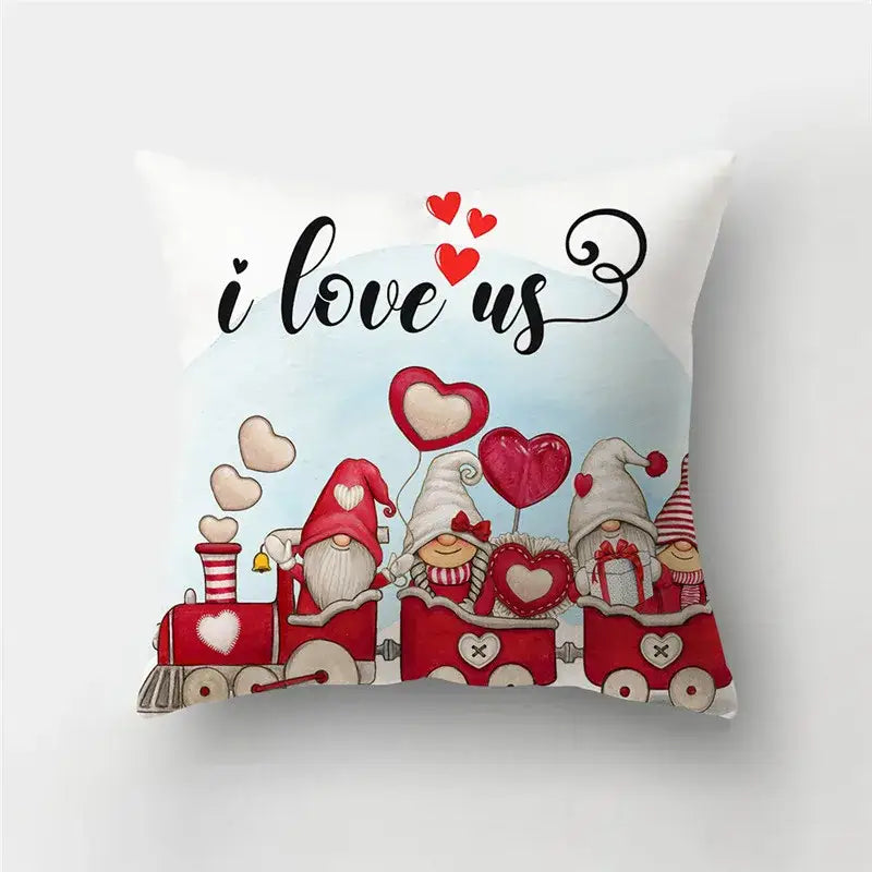 White pillow cover with red and white gnome love heart print and i love us script for home decor sofa cushion