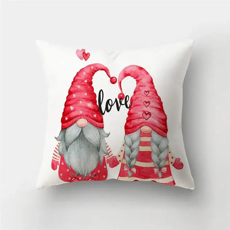 White throw pillow cover featuring love heart print with two red-hatted gnomes for home decor sofa cushion case