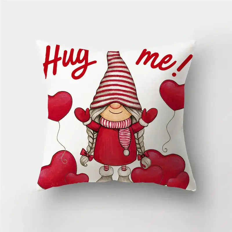 White throw pillow cover featuring a cartoon gnome with love heart print balloons and hug me text for sofa decor