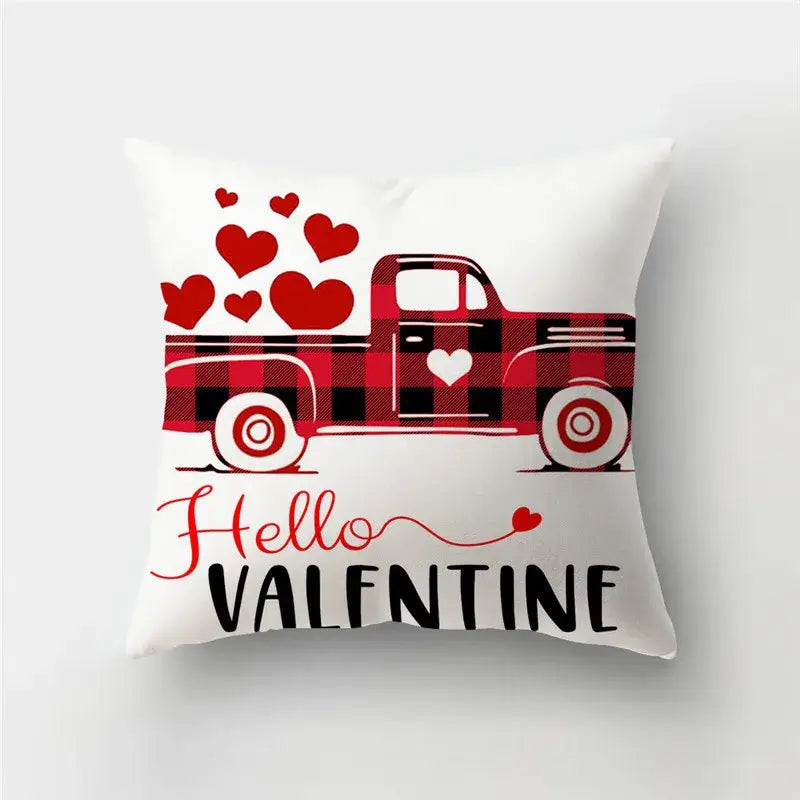 White pillow cover with red and black plaid truck love heart print and hello valentine text for home decor