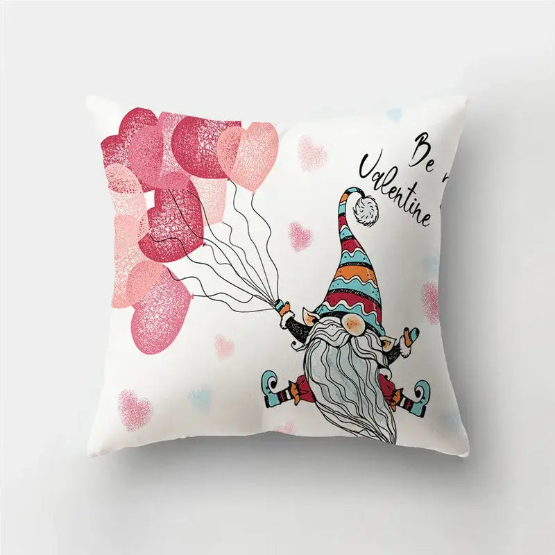 White throw pillow cover featuring a love heart print with a whimsical gnome and be valentine text for home decor