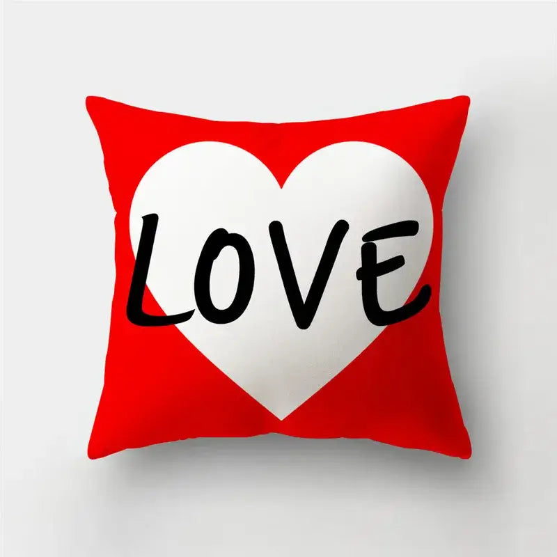 Decorbites™ red square cushion cover with white love heart print and black love text for nordic sofa decor