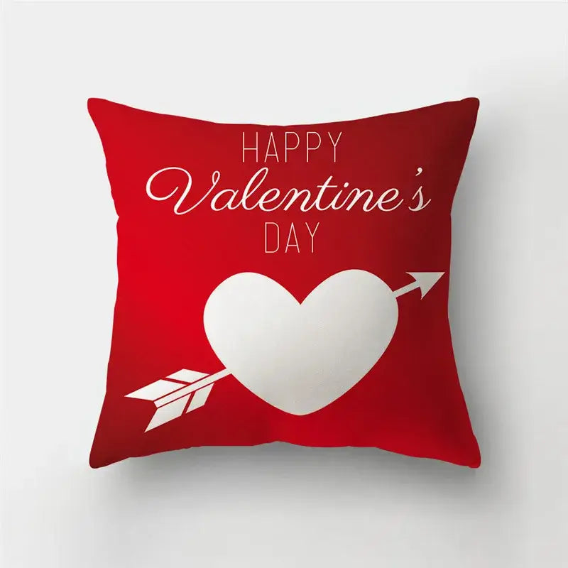 Red valentine throw pillow with white love heart print and arrow design for heart print sofa cushion covers decorbites