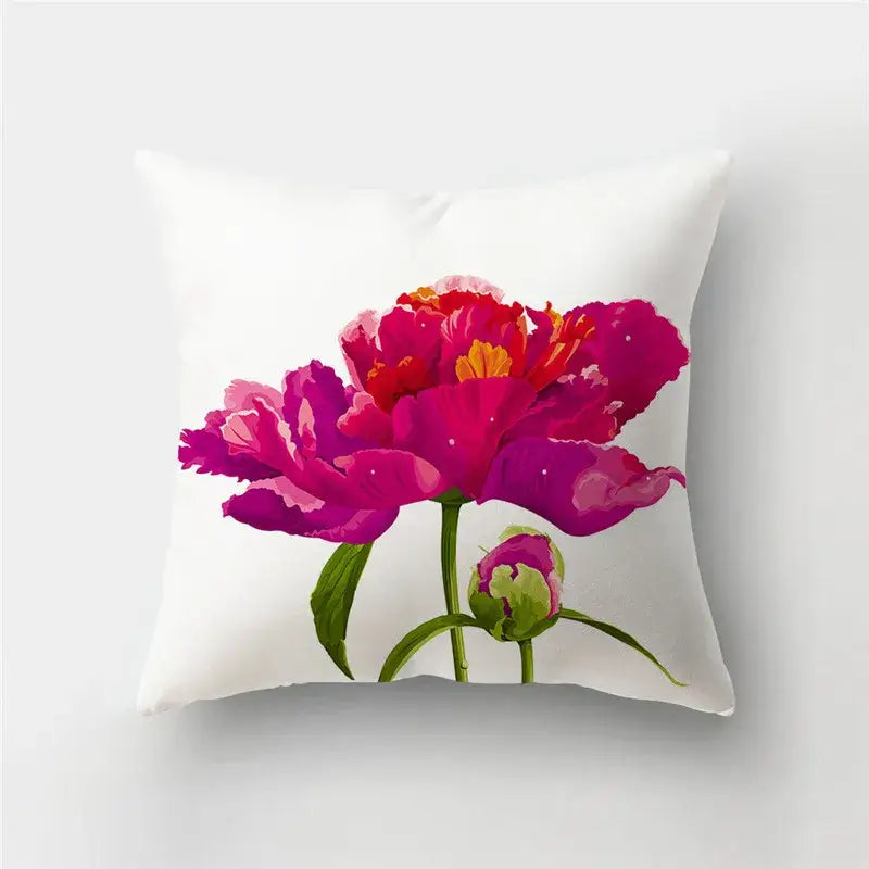White throw pillow with vibrant pink peonies design from DecorBites love heart print sofa cushion covers collection